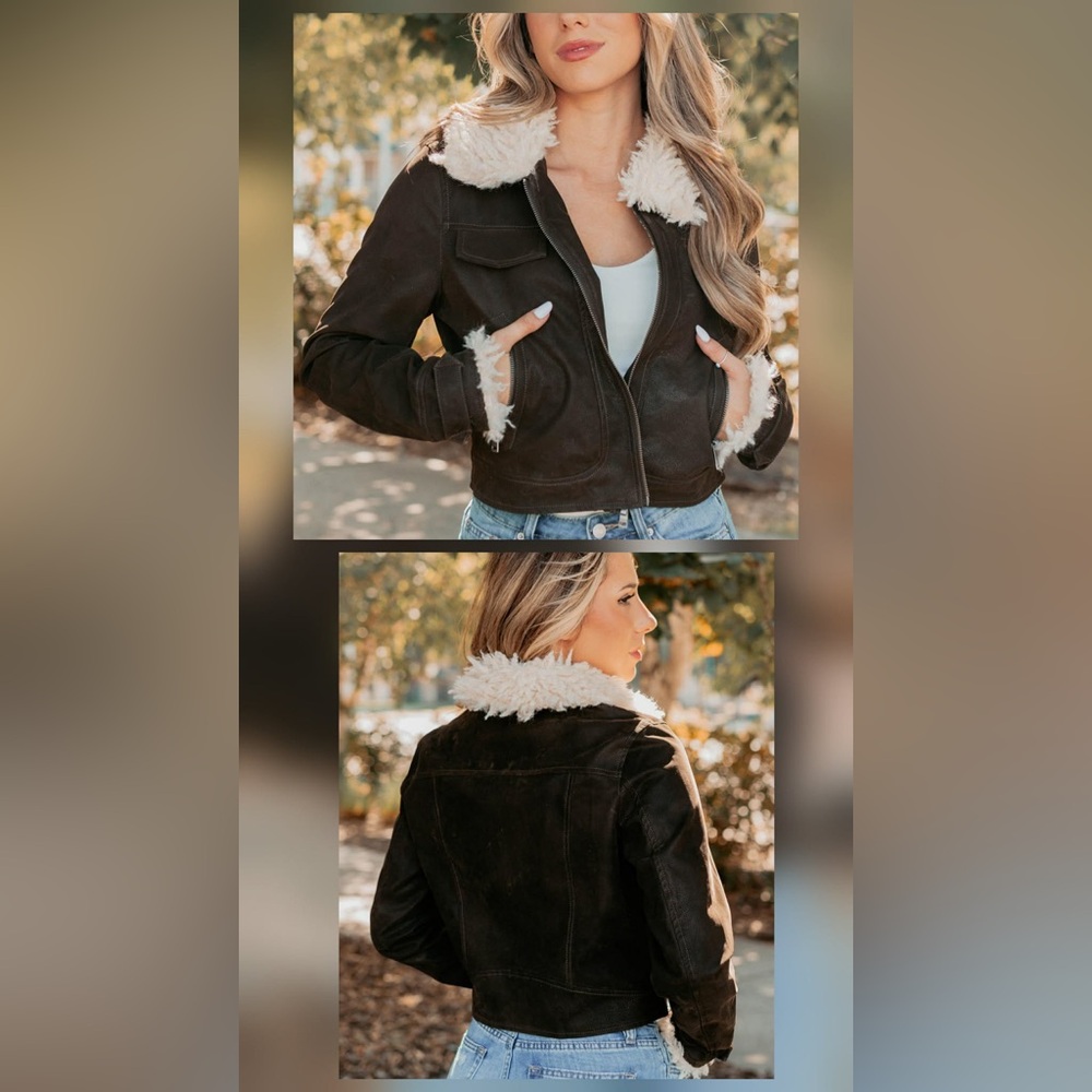 Women's Brown Faux-Shearling Collar Zip Jacket